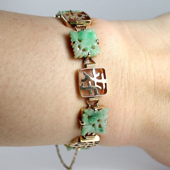 VINTAGE JADE CARVED GREEN CHINESE 14K YELLOW GOLD BRACELET - Picture 5 of 12
